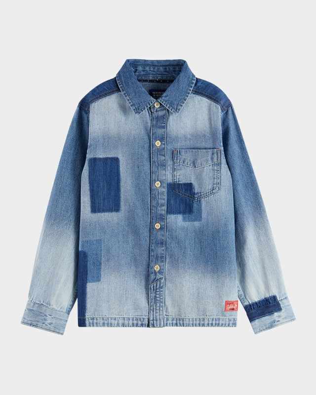 Boy's Washed Denim Patchwork Shirt, Size 4-10
